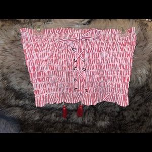 Red and white smocked tie tube top